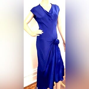 Miss Elliette of California cornflower blue formal midi dress with a side drape